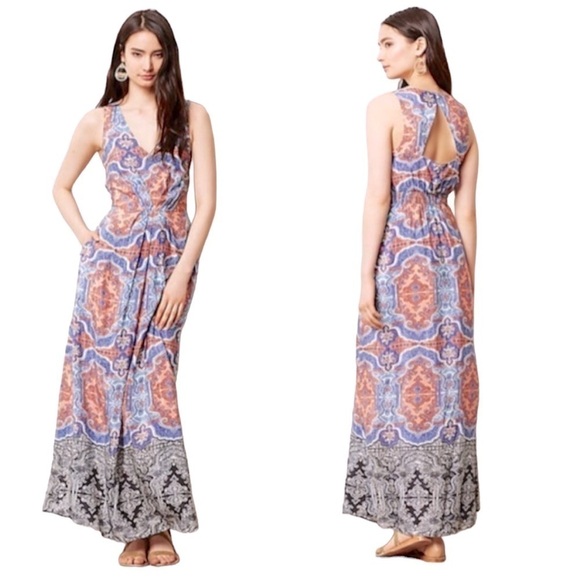 𝅺anthropologie Maeve Silk Maxi Dress‎ 10P Medallion-cut - Picture 1 of 11